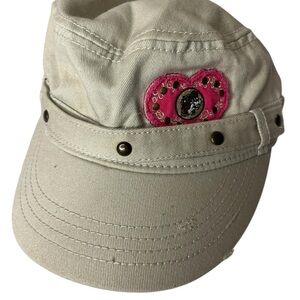 Buc-ees Beige Cap with Pink Heart Patch Military Style Adjustable Cap
